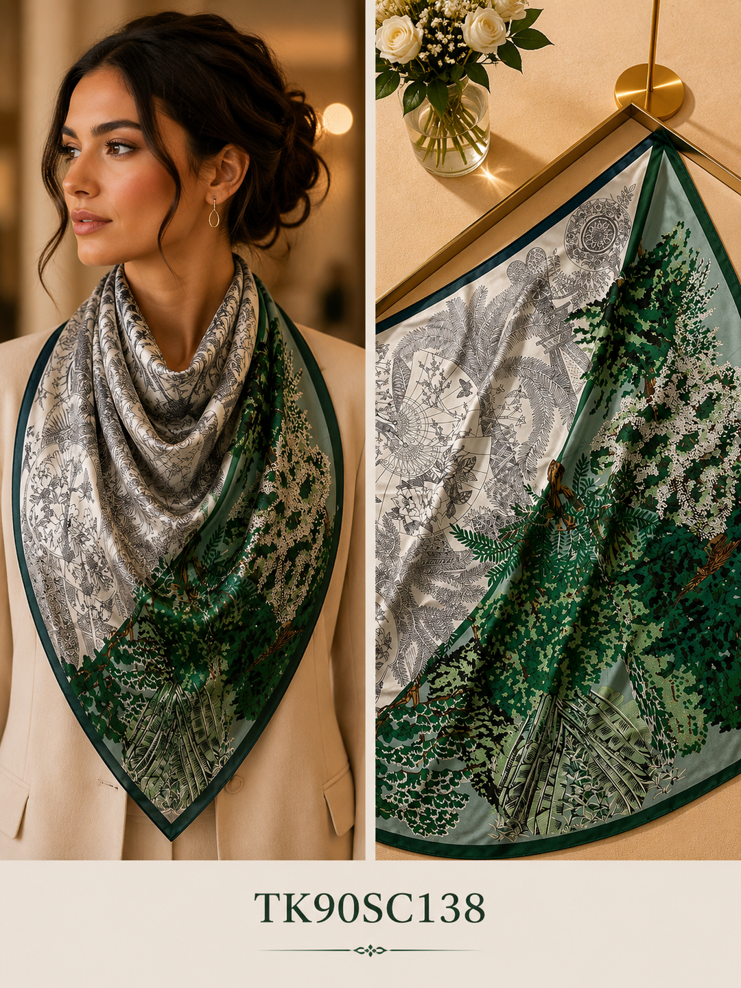 Square Diagonal Split Botanical and Line-Art Landscape Scarf with Framed Edge