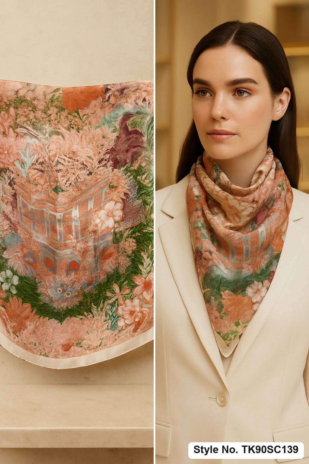 Peach and Green Floral Garden Landscape Silk Satin Square Scarf