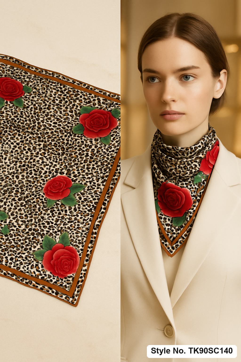 Square Leopard and Rose Print Scarf with Contrast Border Frame