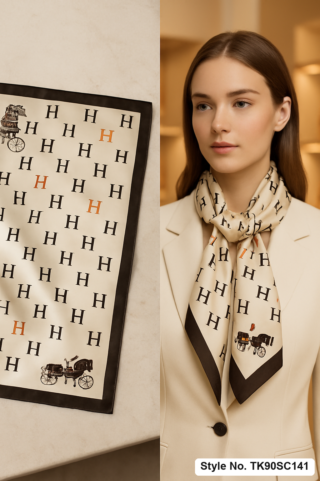 Square Cream Typographic Scarf with Contrast Corner Carriage Motifs
