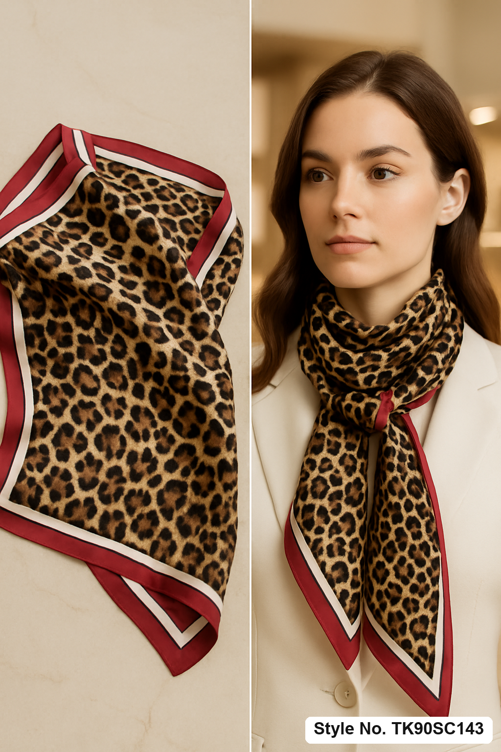 Leopard with Contrast Border Scarf in Tan, Black &amp; Burgundy – TK90SC143