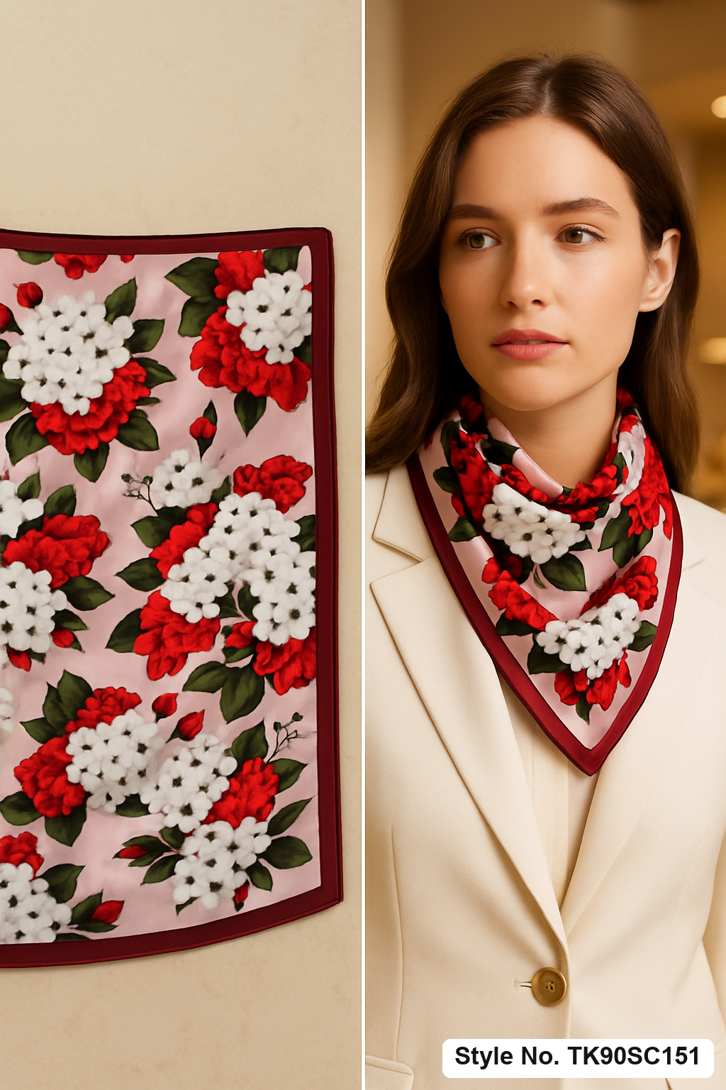 Allover Floral Scarf in White, Red &amp; Green – TK90SC151