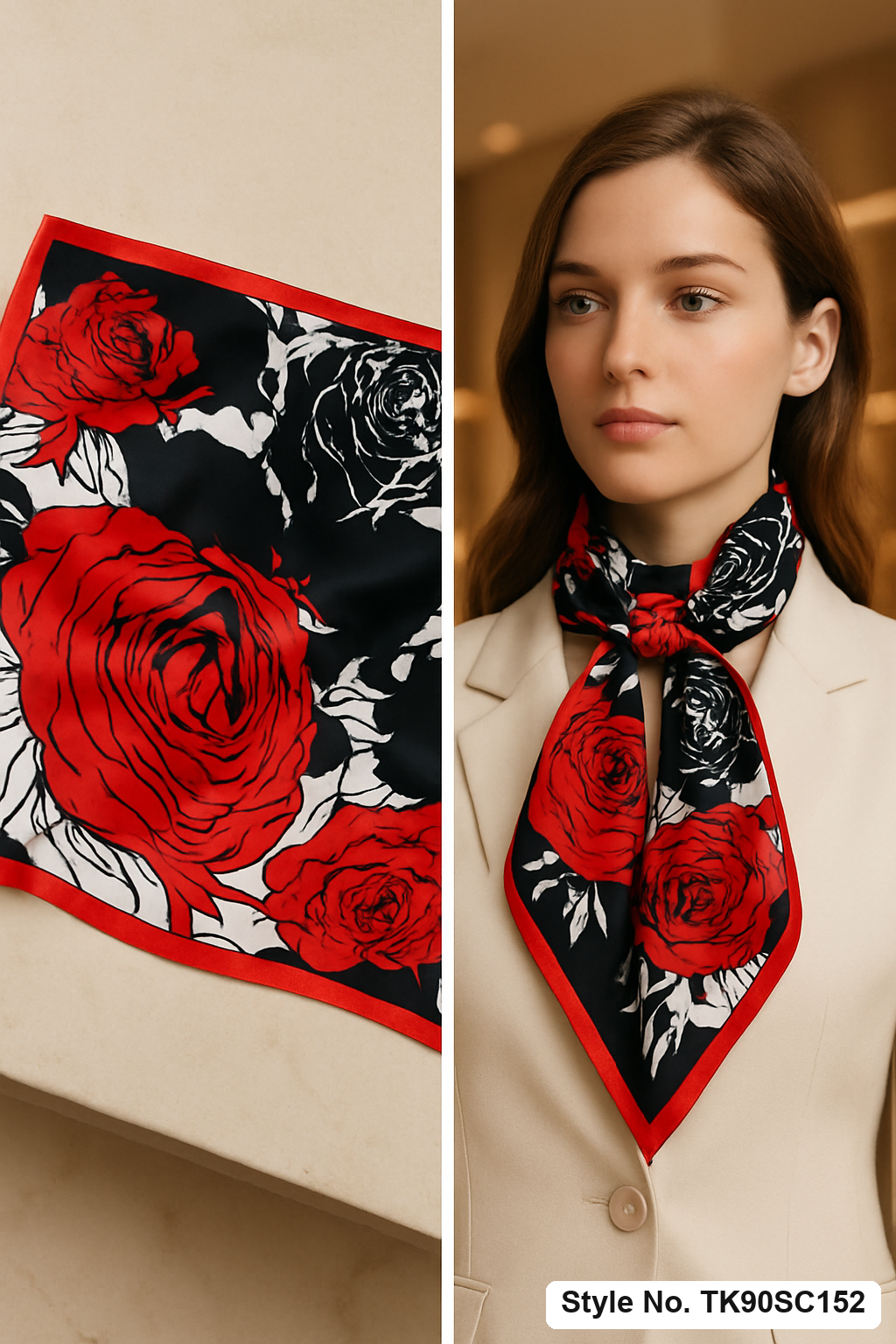 Large Rose Floral Scarf in Black, Red &amp; Ivory – TK90SC152