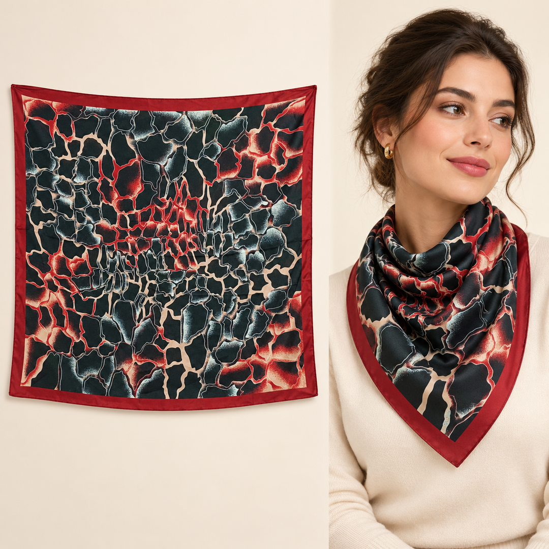 Dark Green and Black Reptile-Print Scarf with Red Border – TK90SC154