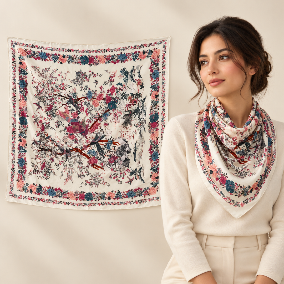 Delicate Floral Garden Scarf in Ivory, Pink, Blue &amp; Green – TK90SC158