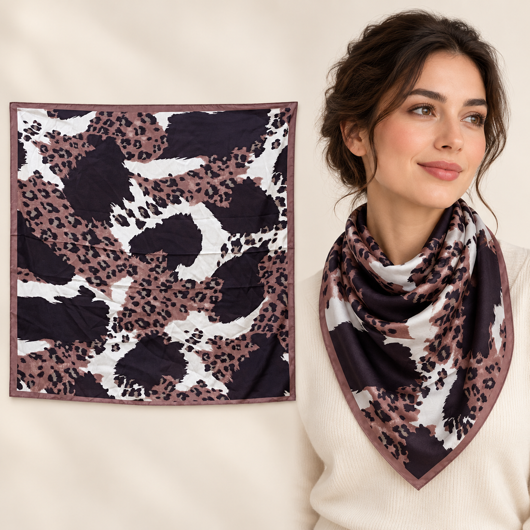Animal-inspired Patchwork Scarf in Brown, Cream &amp; Ivory – TK90SC160