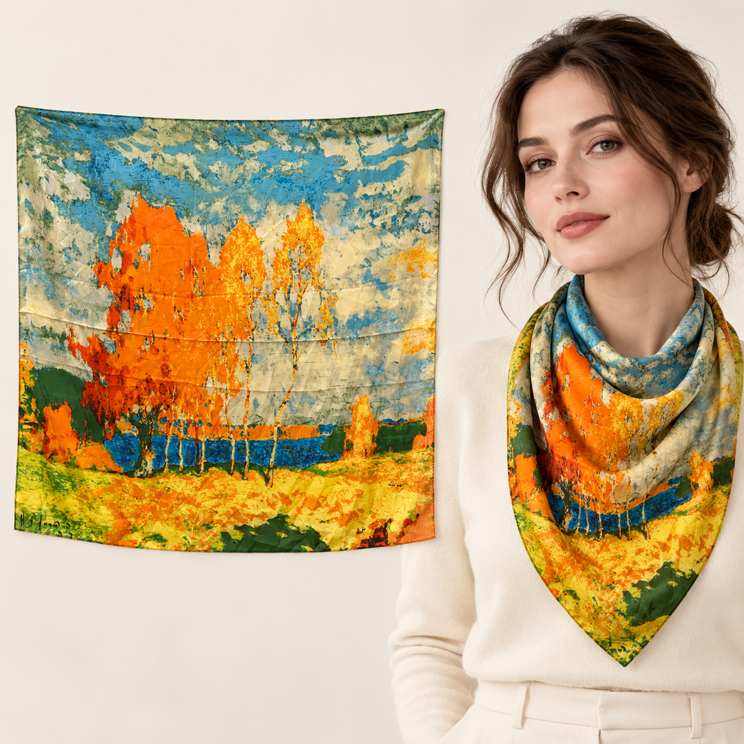 Abstract Painterly Scarf in Mustard, Blue &amp; Teal – TK90SC181