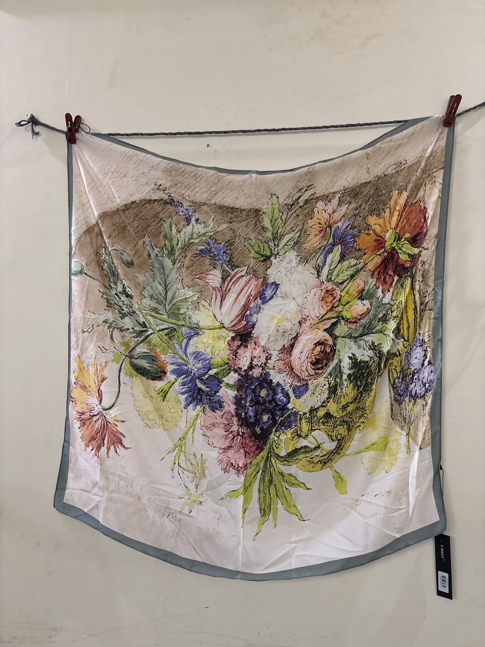 Floral Garden Print Silk Scarf with Blue Border