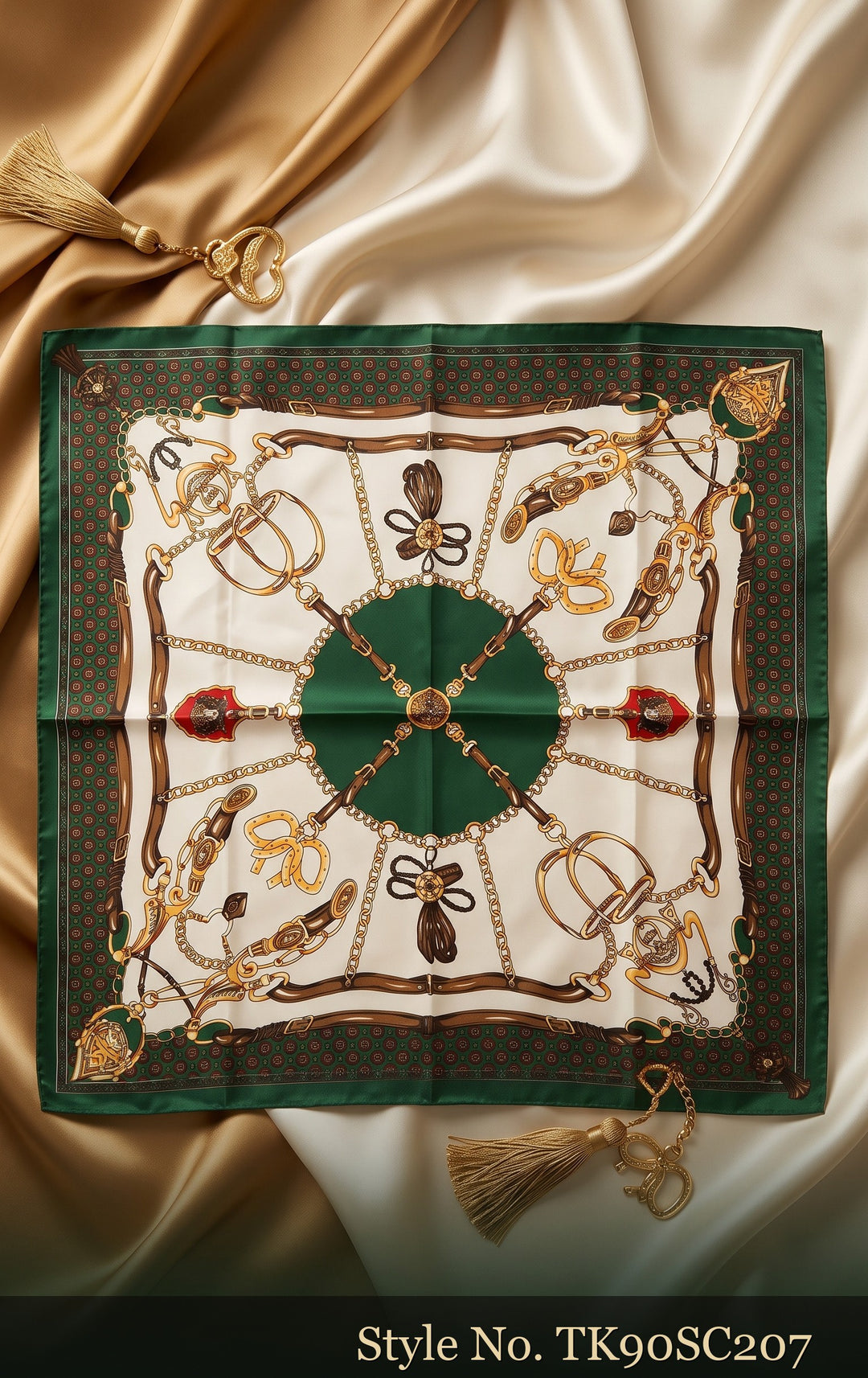 Ornate Chain and Medallion Scarf in Ivory &amp; Green – TK90SC207
