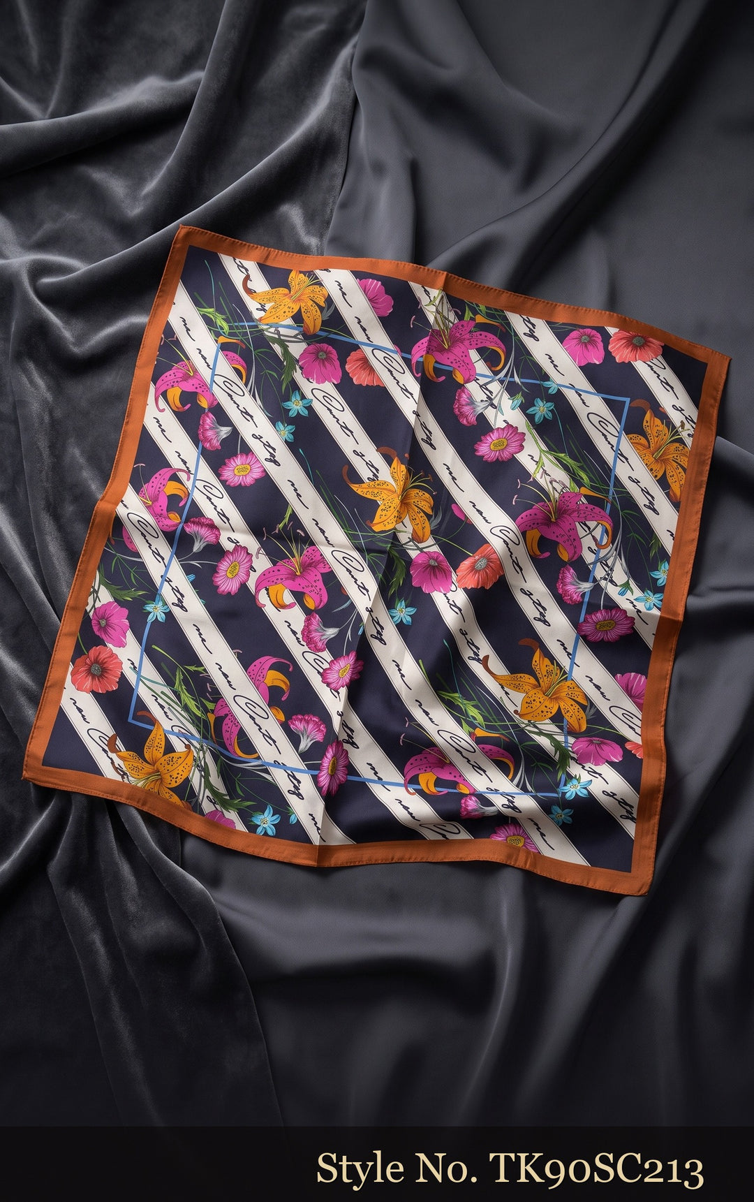 Black Scarf with Diagonal Pink and White Floral Stripes – TK90SC213