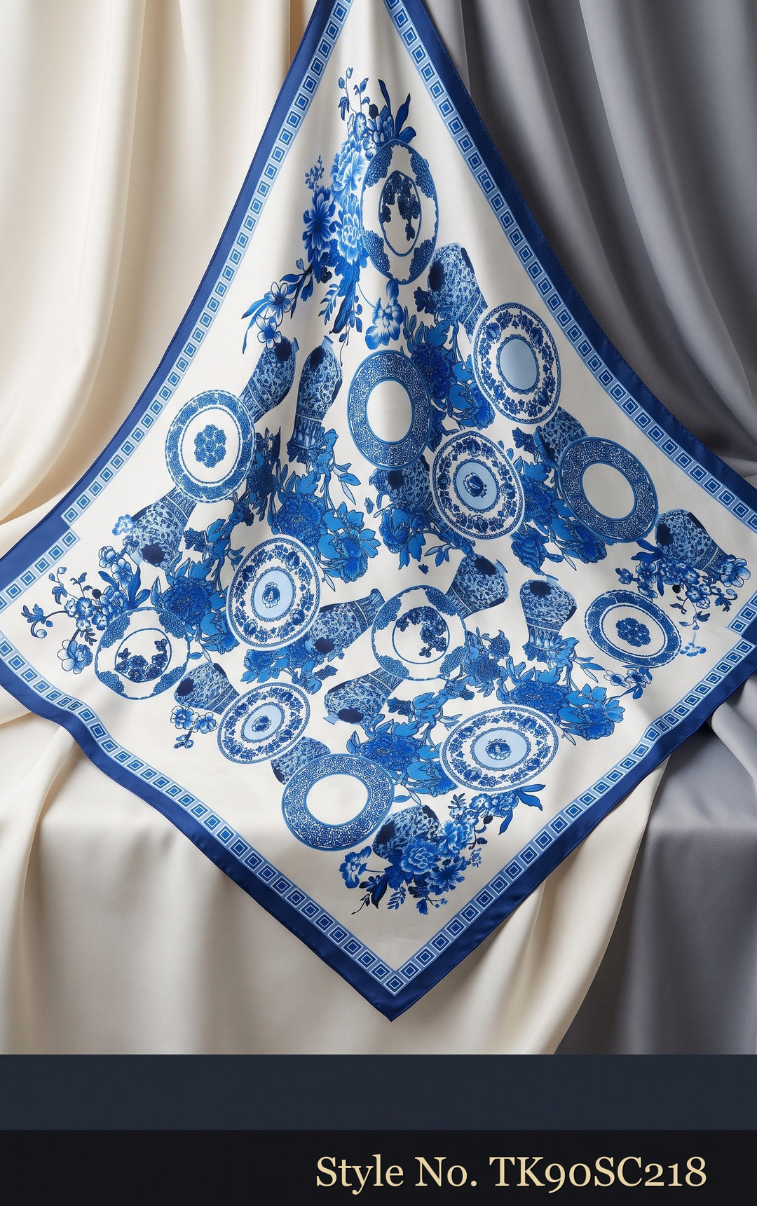 Blue and White Scarf with Ornate Porcelain-Style Florals – TK90SC218