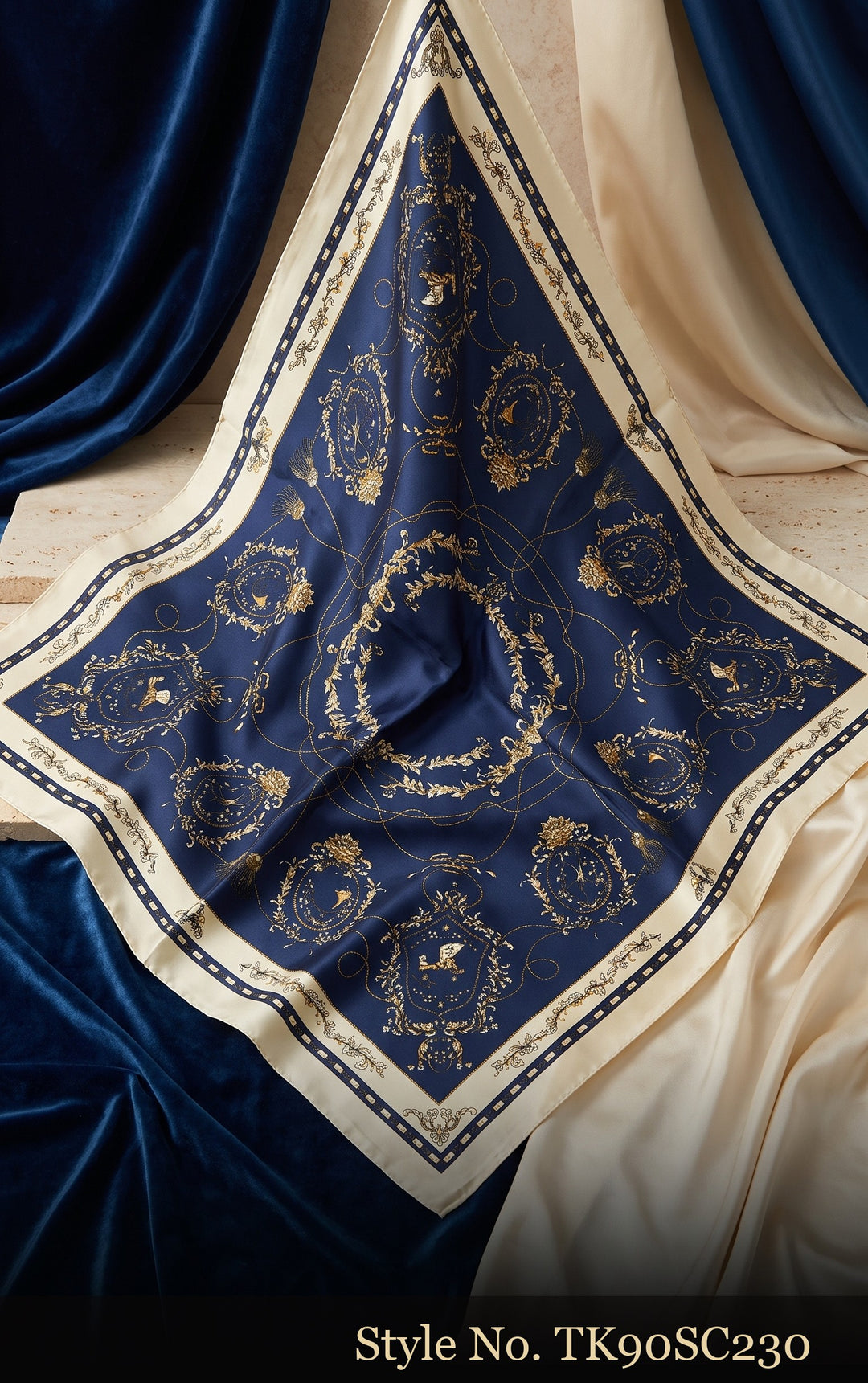 Navy Scarf with Gold Medallion and Ivory Ornamental Border – TK90SC230