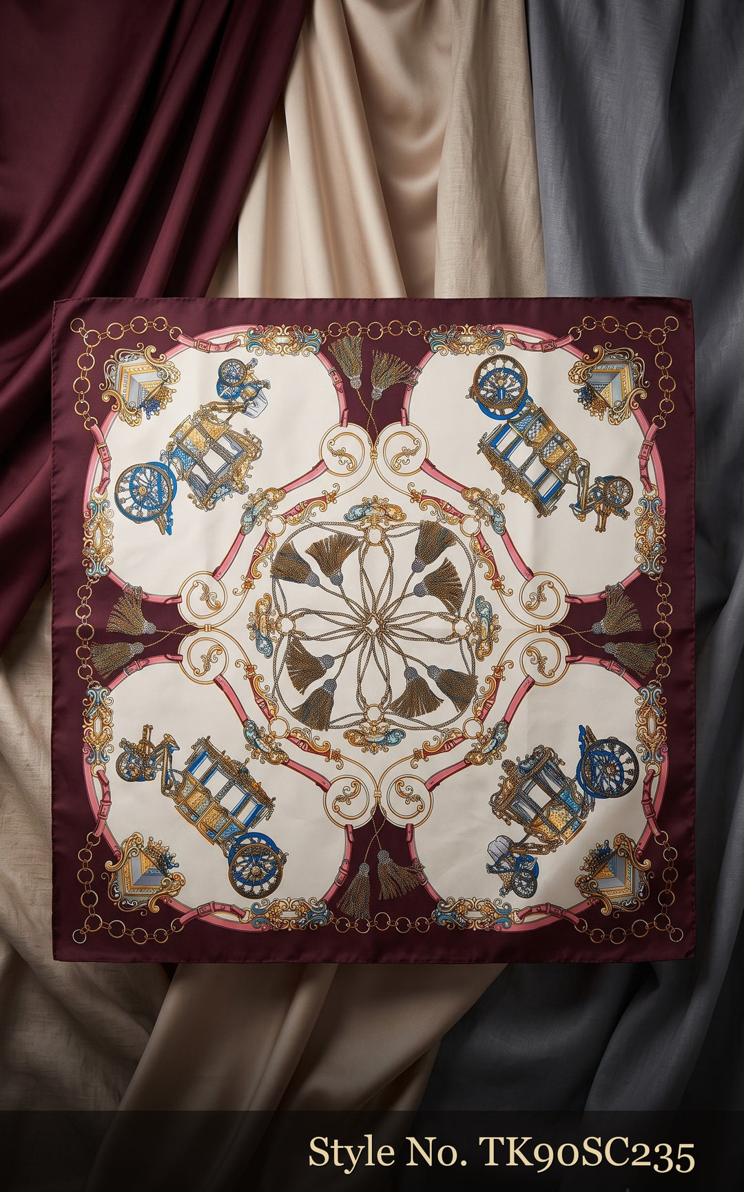 Burgundy Four-Panel Scarf with Ivory Floral Motifs – TK90SC235