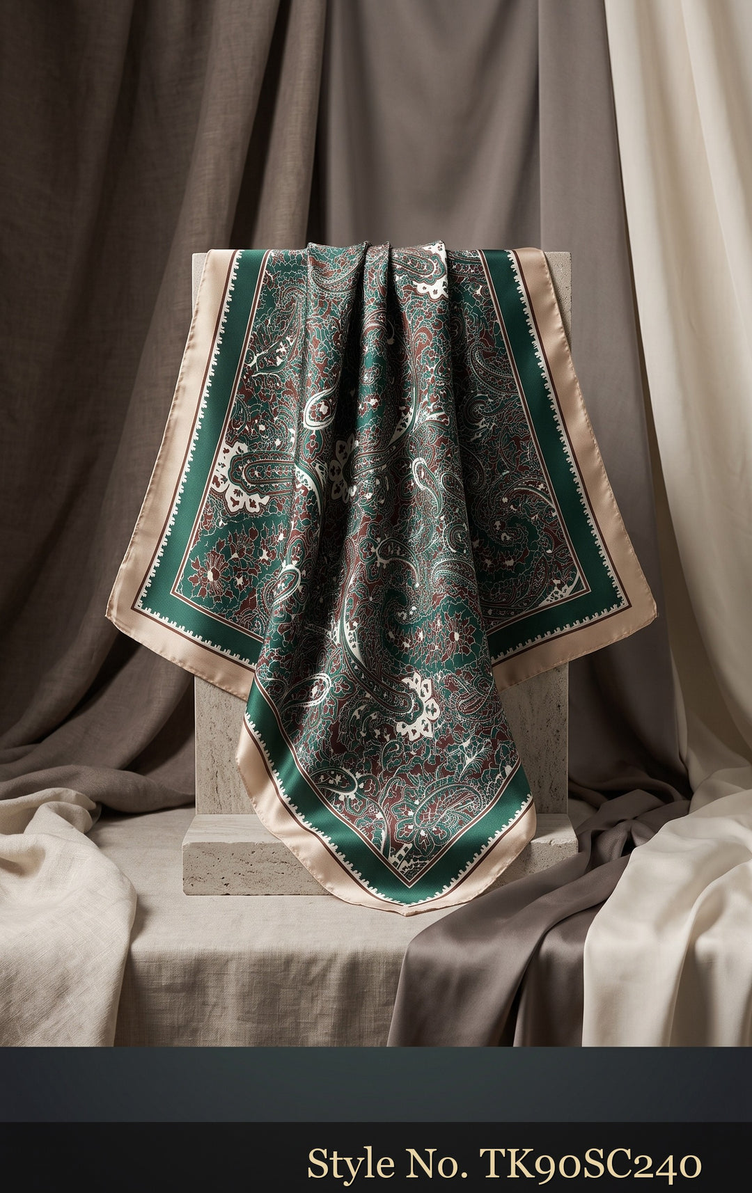 Deep Green Scarf with Ivory Paisley and Ornamental Border – TK90SC240
