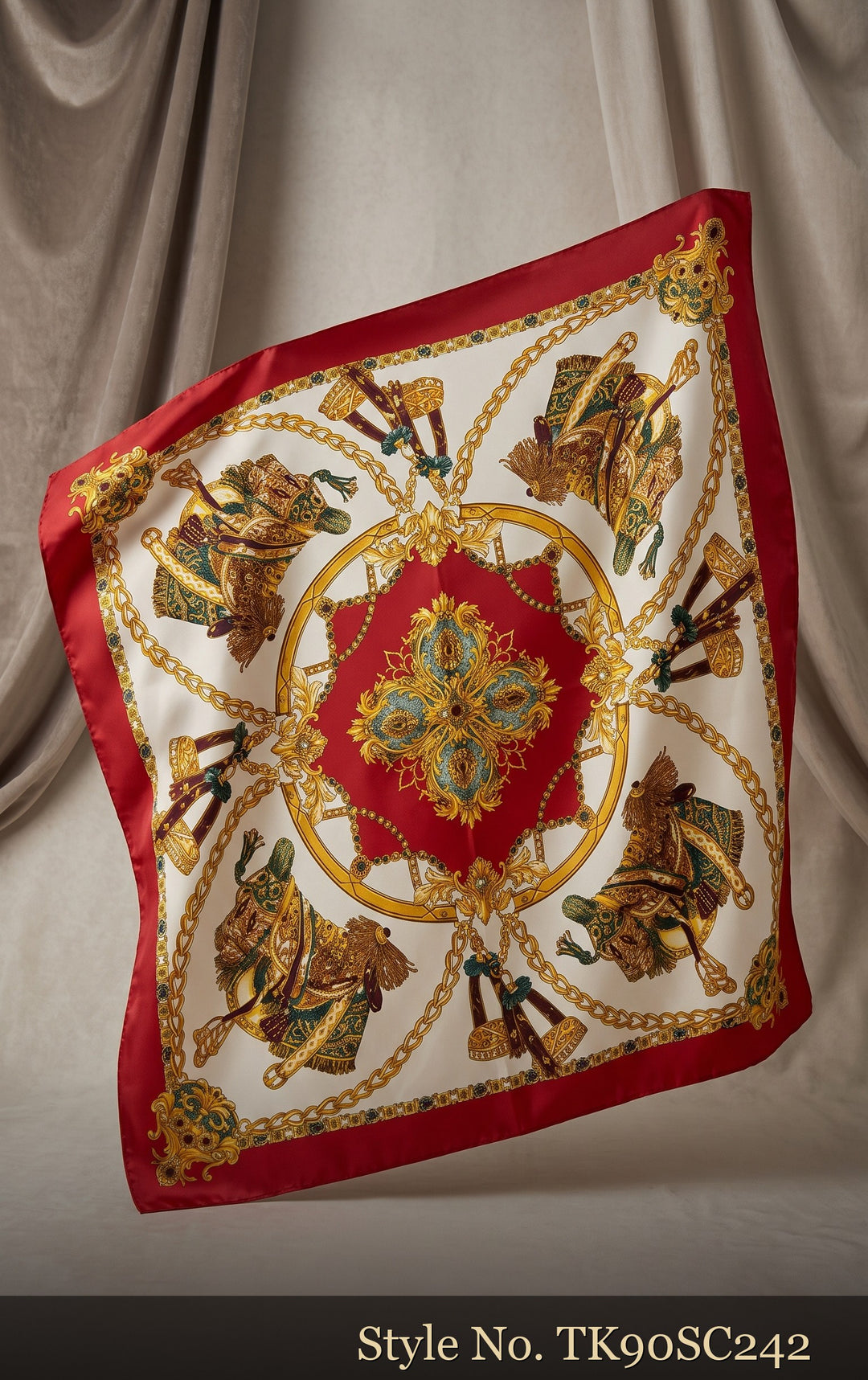 Ivory Scarf with Red and Green Chain Medallions – TK90SC242