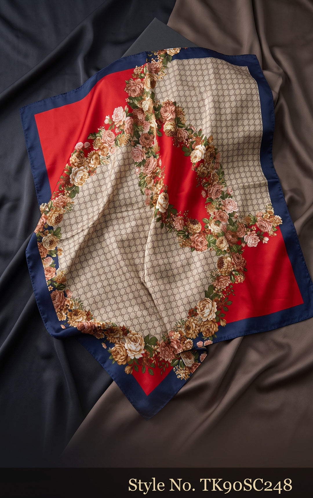 Red and Blue Scarf with Ivory Floral and Geometric Panels – TK90SC248
