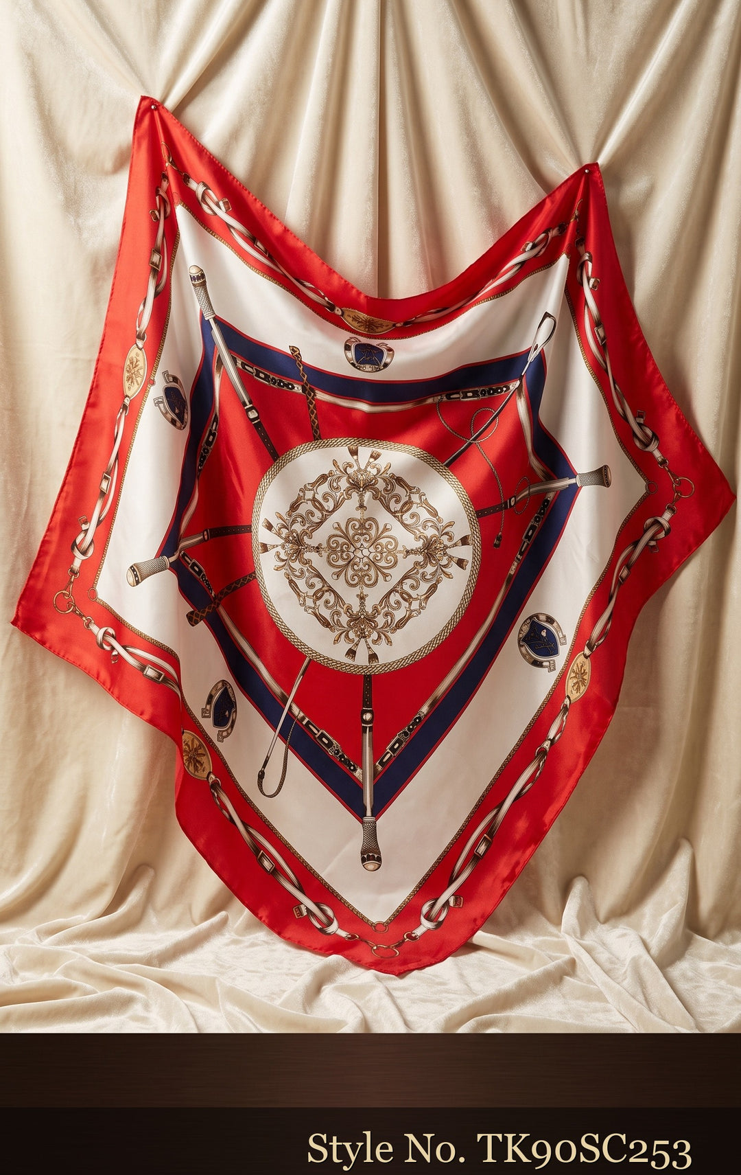 Red, Ivory and Navy Scarf with Compass Medallion – TK90SC253