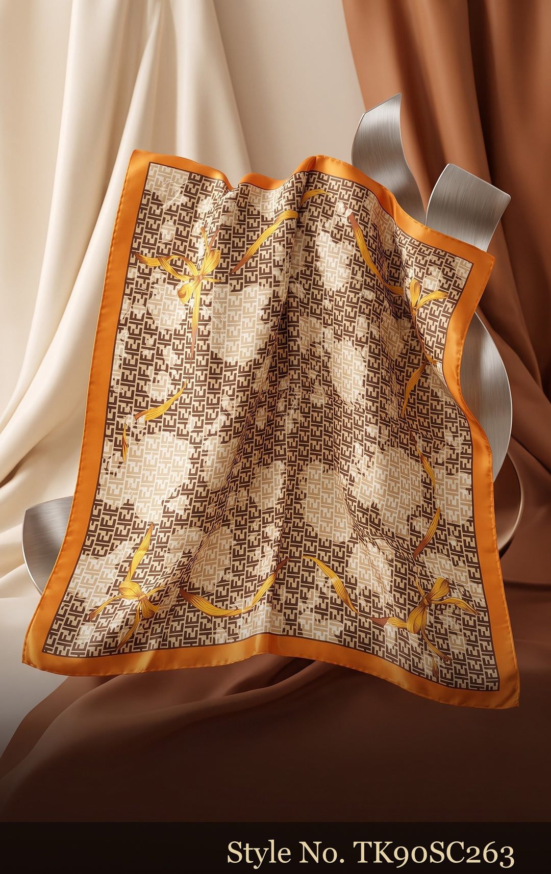 Grey and Ivory Scarf with Floral Motifs and Orange Border – TK90SC263
