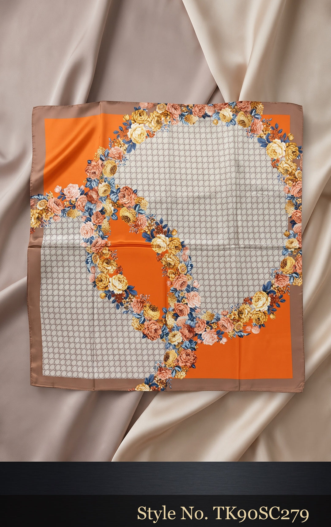 Orange Scarf with Floral Panels and Grey Check Center – TK90SC279