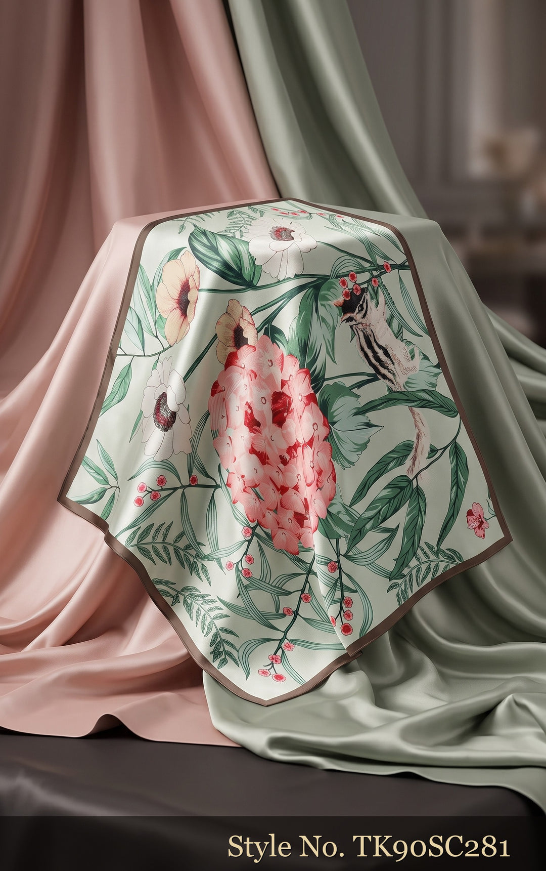 Ivory Scarf with Green Botanical Leaves and Pink Flower – TK90SC281