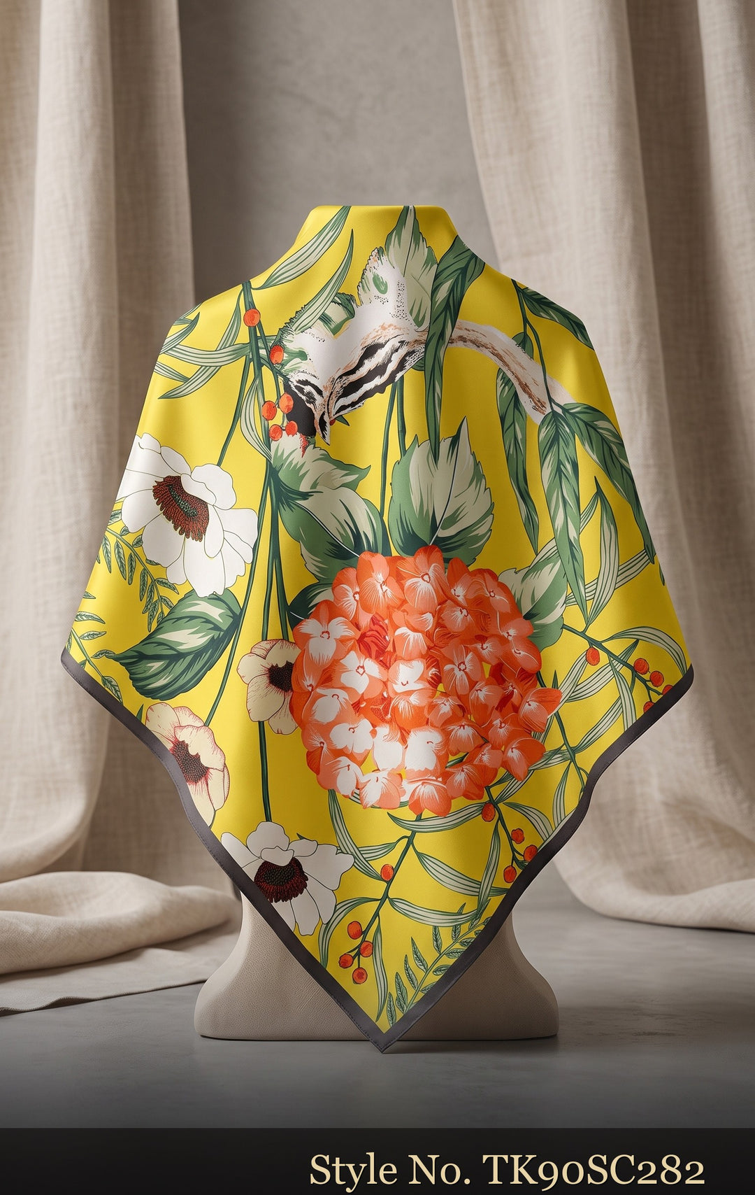 Yellow Scarf with Tropical Leaves and Coral Flower Medallion – TK90SC282