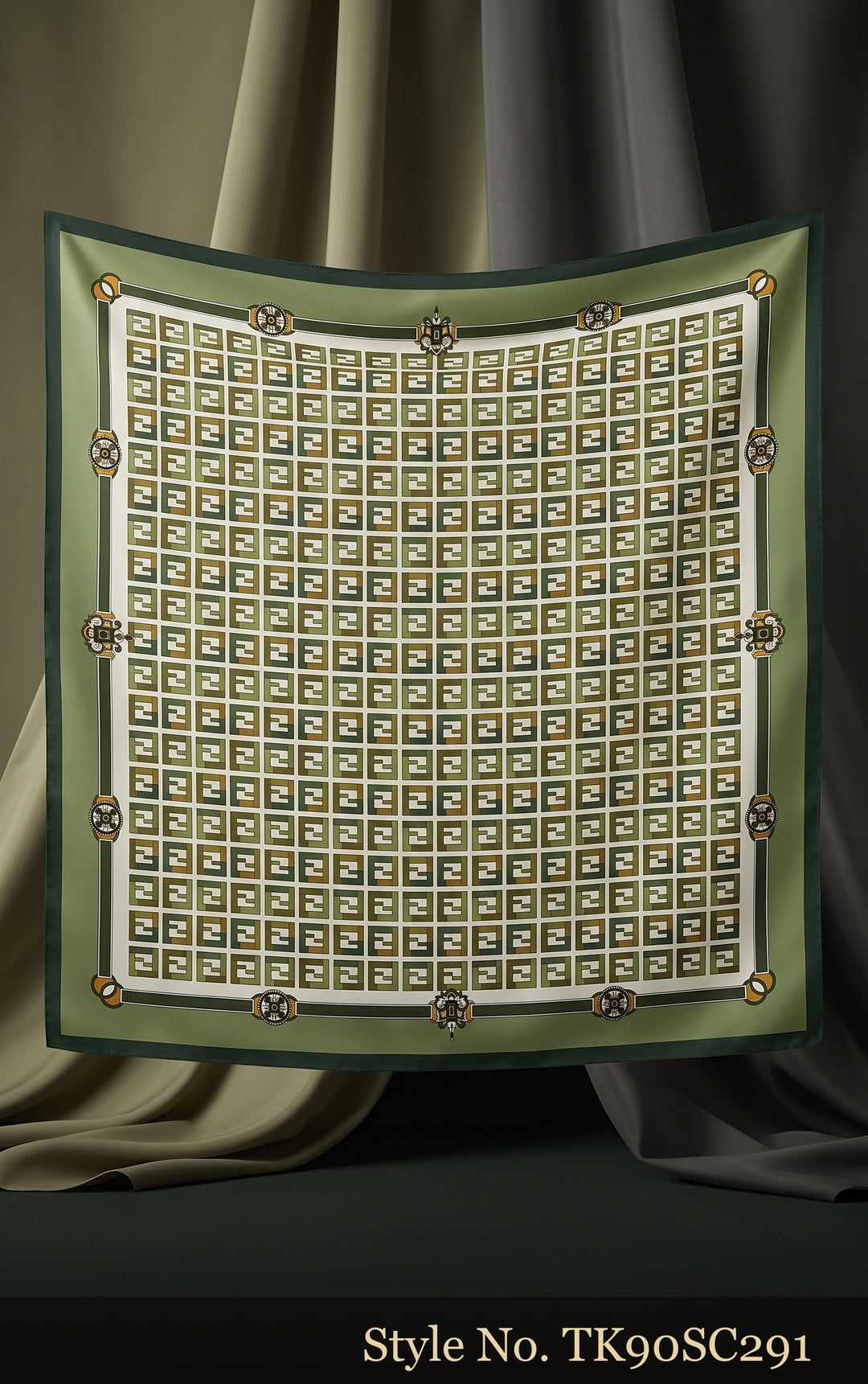 Olive and Ivory Scarf with Repeating Geometric Squares – TK90SC291
