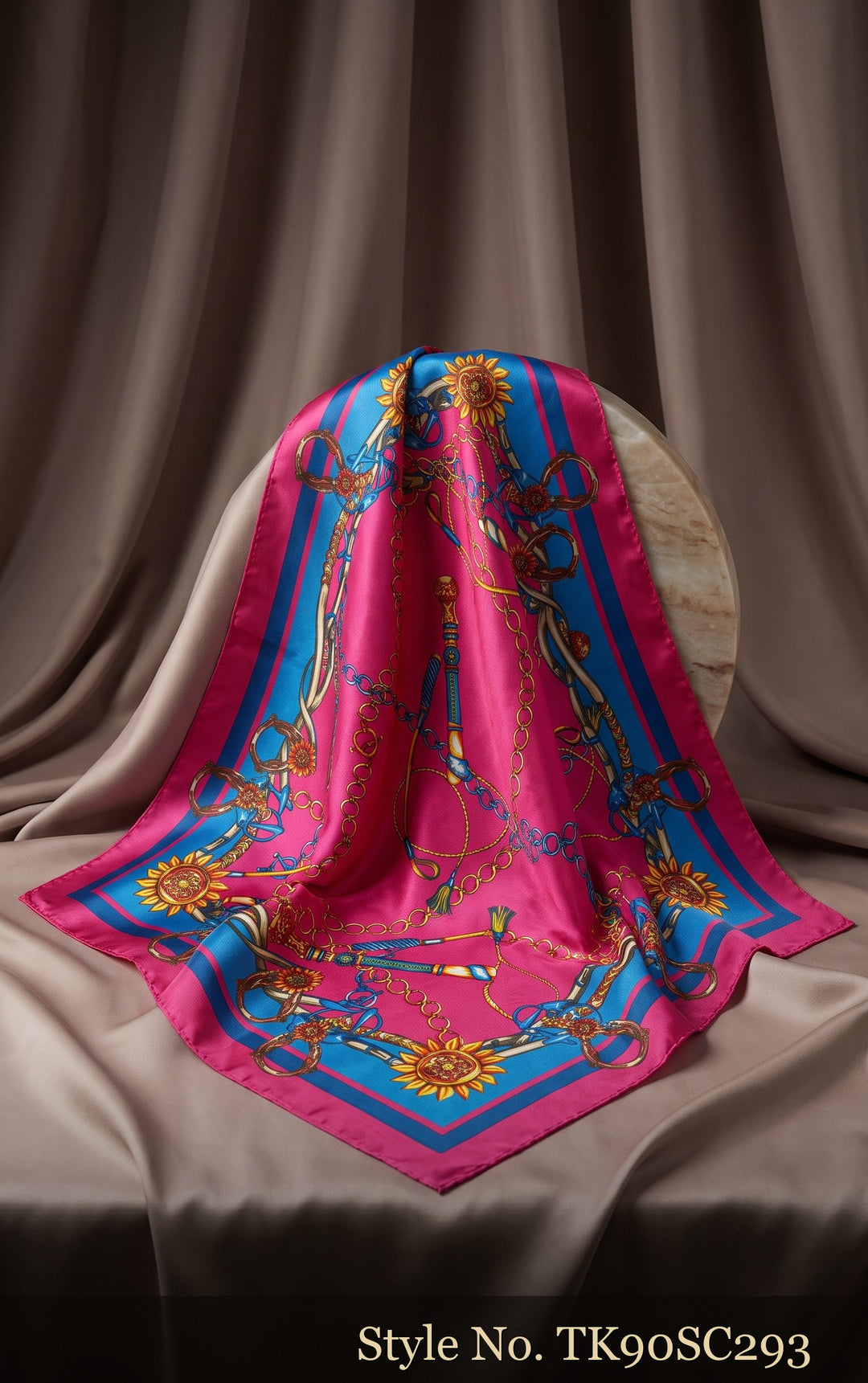 Fuchsia Scarf with Gold Chain Medallion and Blue Border – TK90SC293