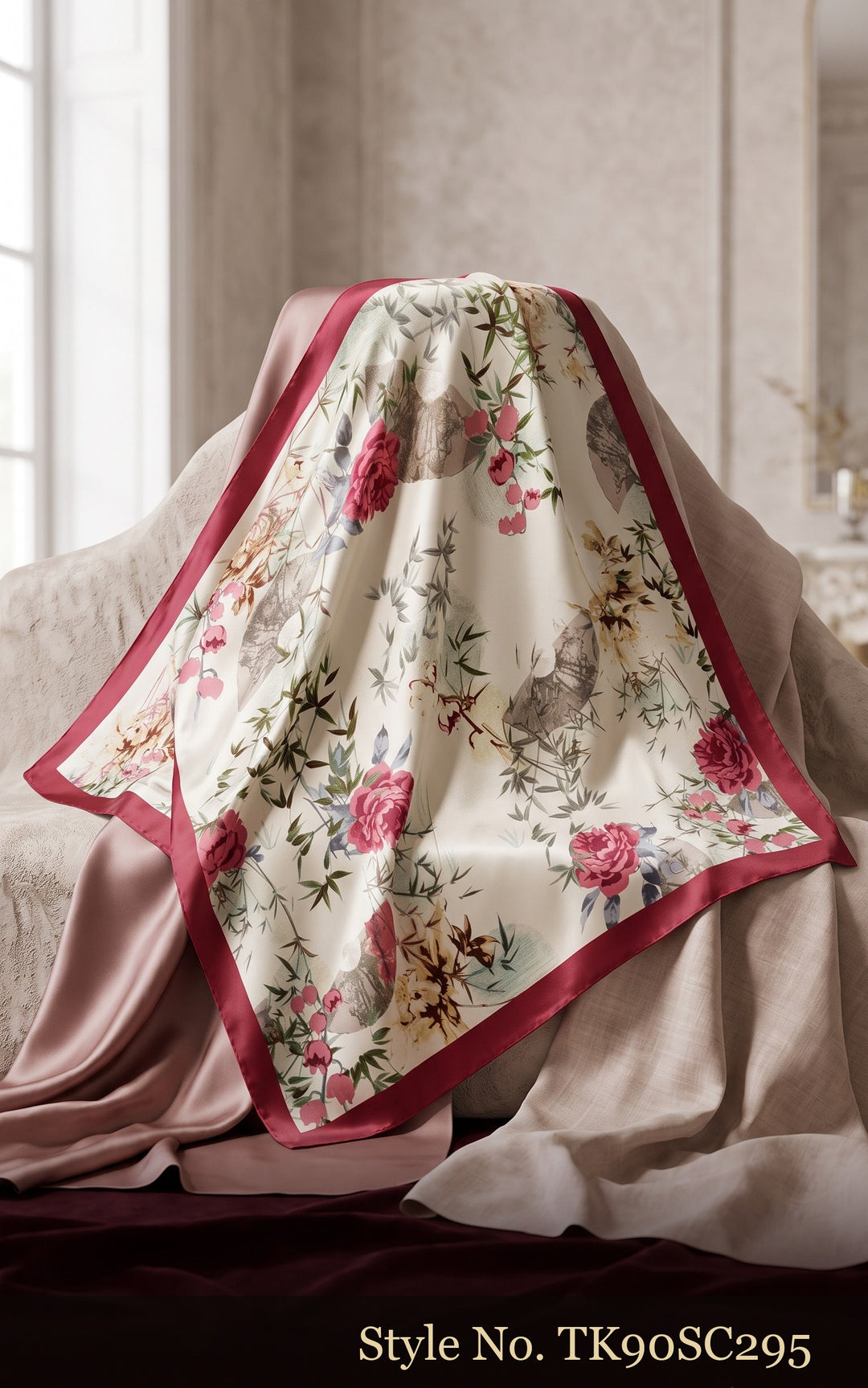 Ivory Scarf with Pink Rose Print and Burgundy Border – TK90SC295