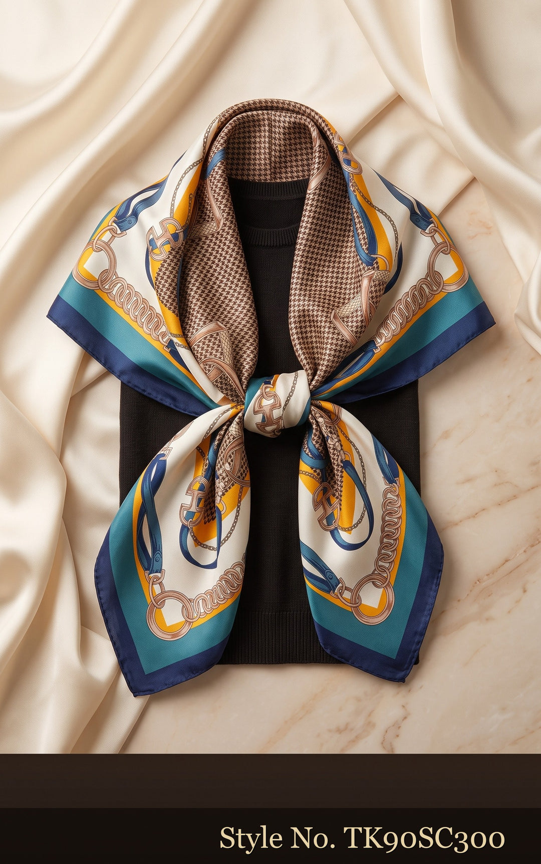 Taupe Center Scarf with Blue and Gold Chain Border – TK90SC300