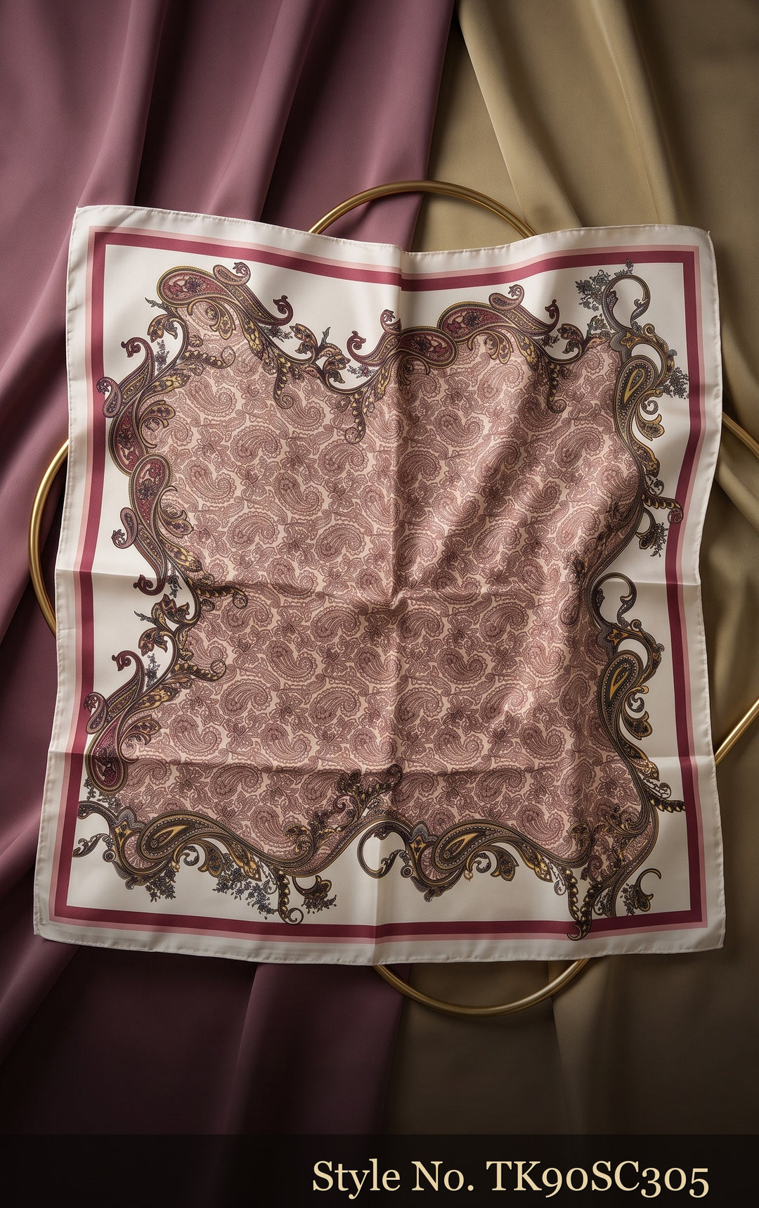 Taupe Scarf with Ivory Baroque Scrollwork and Burgundy Border – TK90SC305
