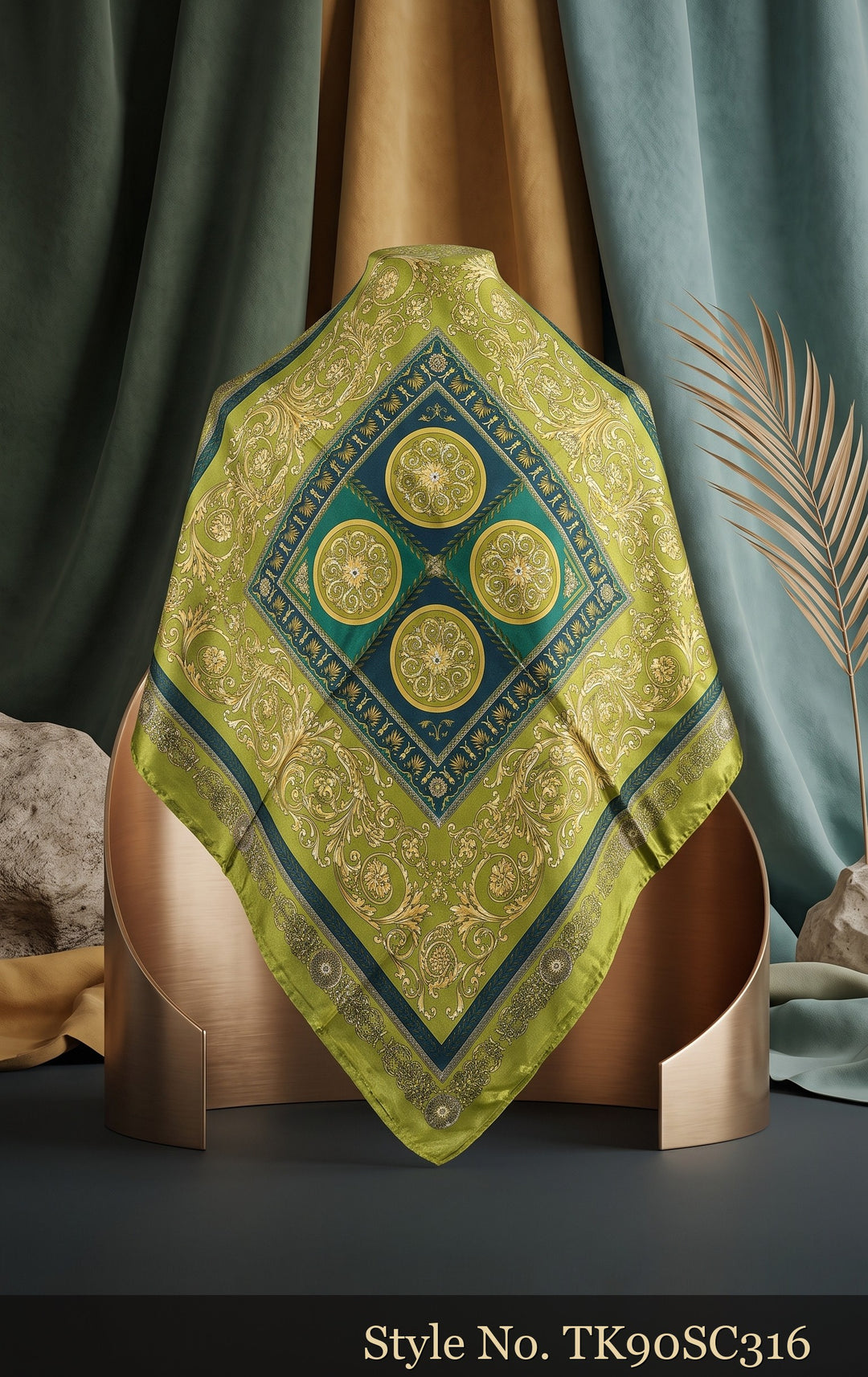 Olive Scarf with Teal Medallion Center and Geometric Border – TK90SC316