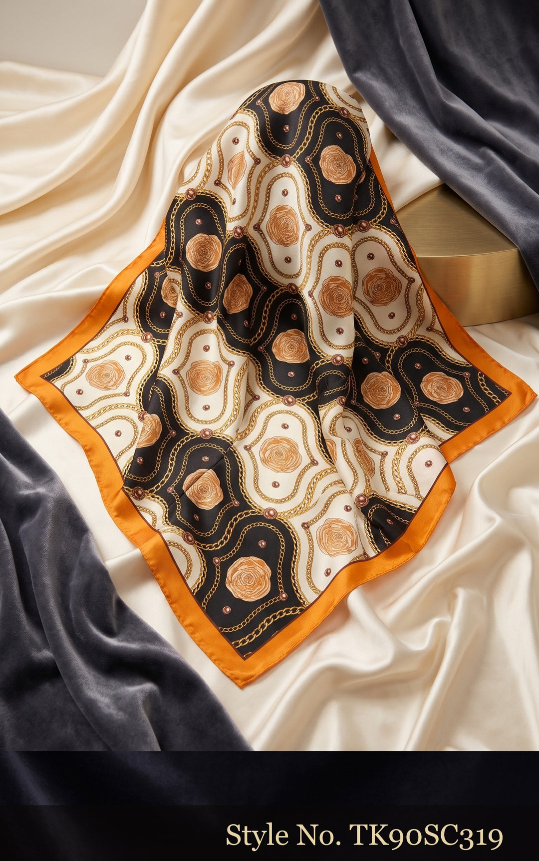 Ivory Scarf with Black and Orange Linked Circle Pattern – TK90SC319