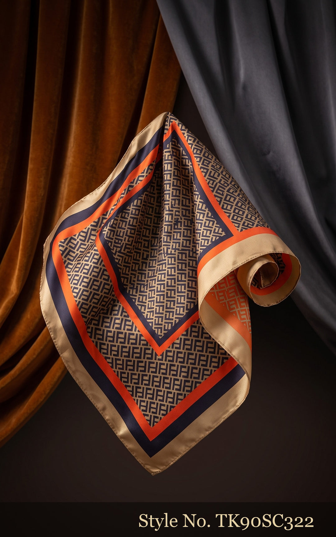 Grey and Orange Scarf with Concentric Square Borders – TK90SC322