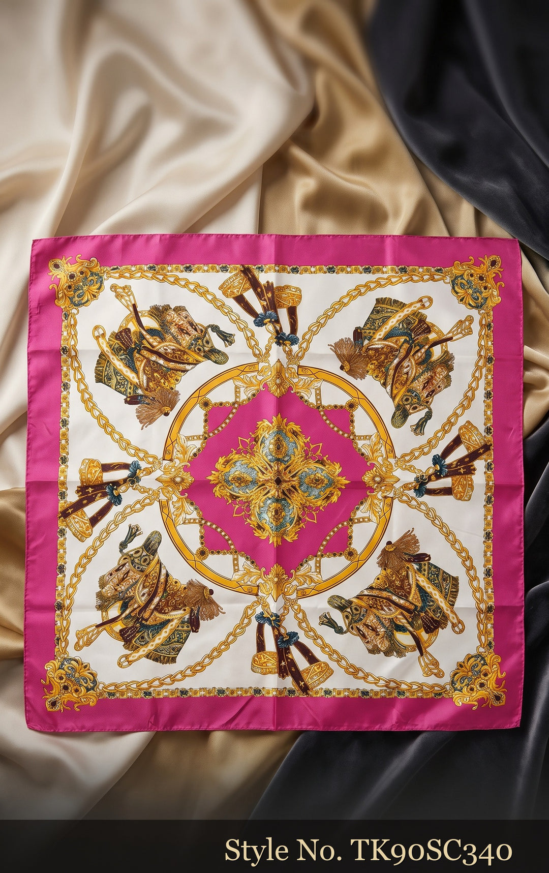Ivory Scarf with Gold Chain Medallions and Fuchsia Border – TK90SC340