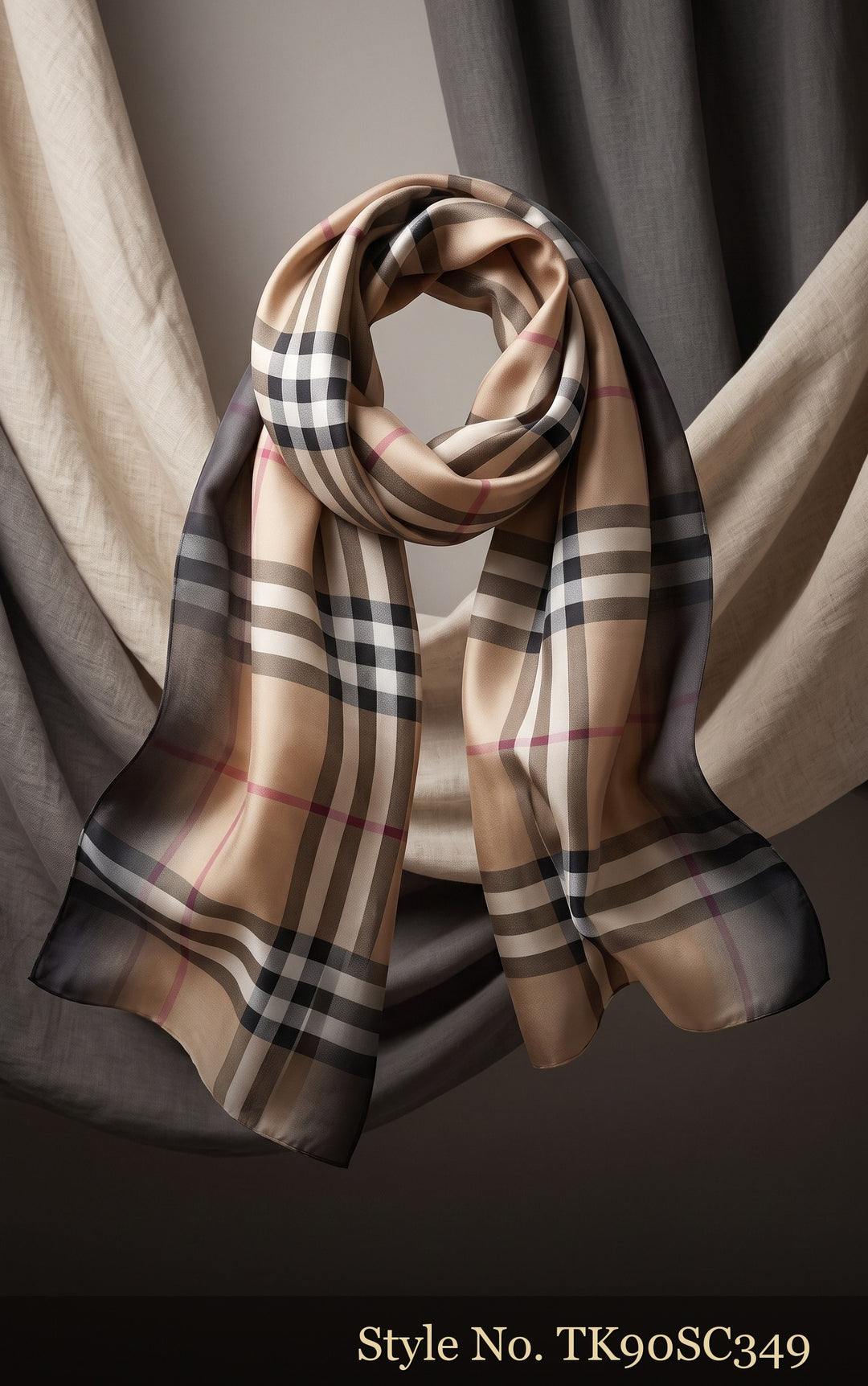 Beige Plaid Scarf with Navy and Black Lines – TK90SC349