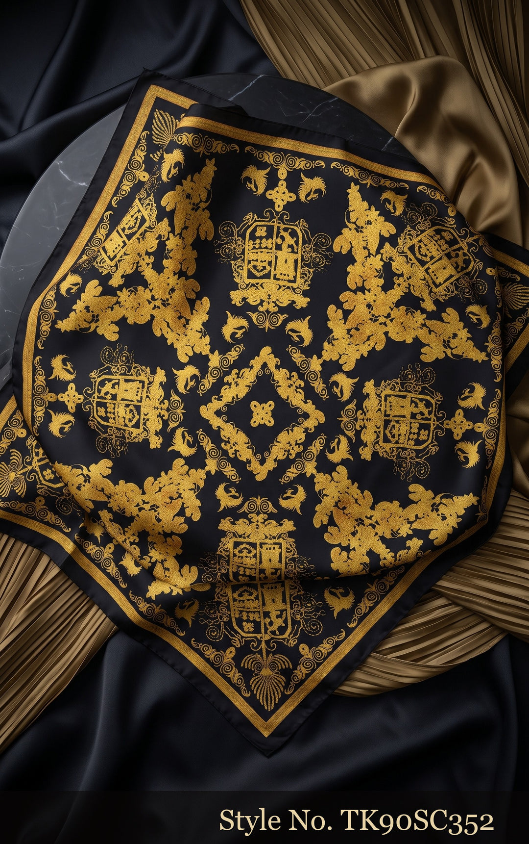 Navy Scarf with Gold Floral Medallions and Yellow Border – TK90SC352