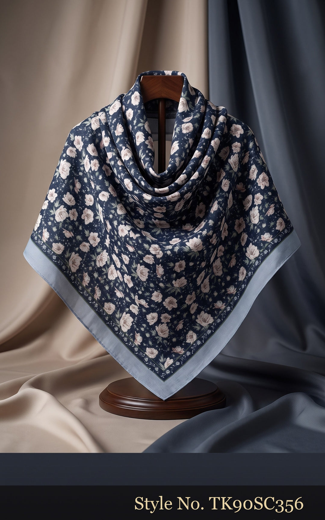 Navy Scarf with Dense Ivory Floral Tile Pattern – TK90SC356