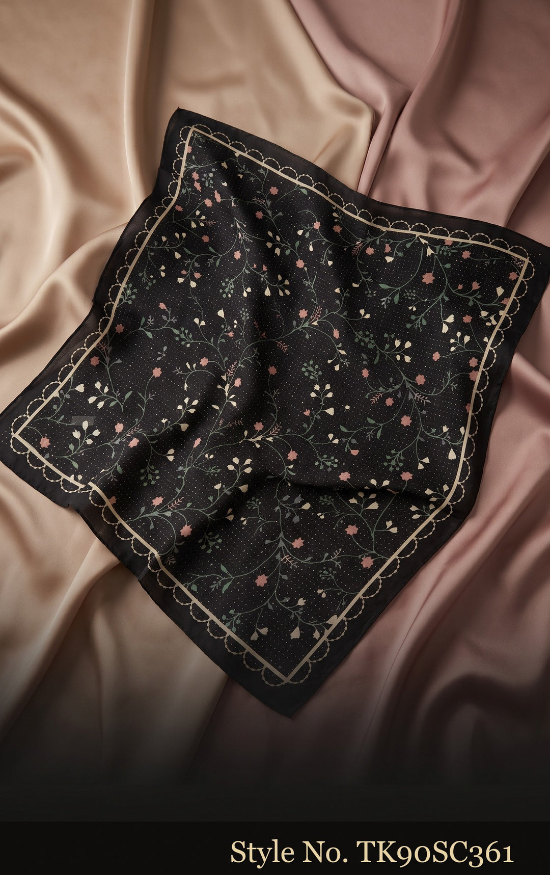 Charcoal Scarf with Tiny Floral Motifs and Ornate Border – TK90SC361