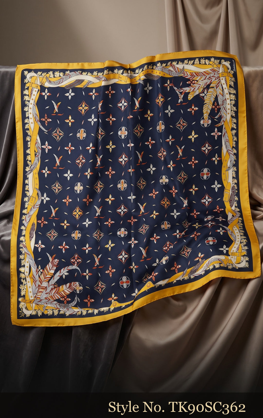 Navy Scarf with Gold Star Motifs and Yellow Border – TK90SC362