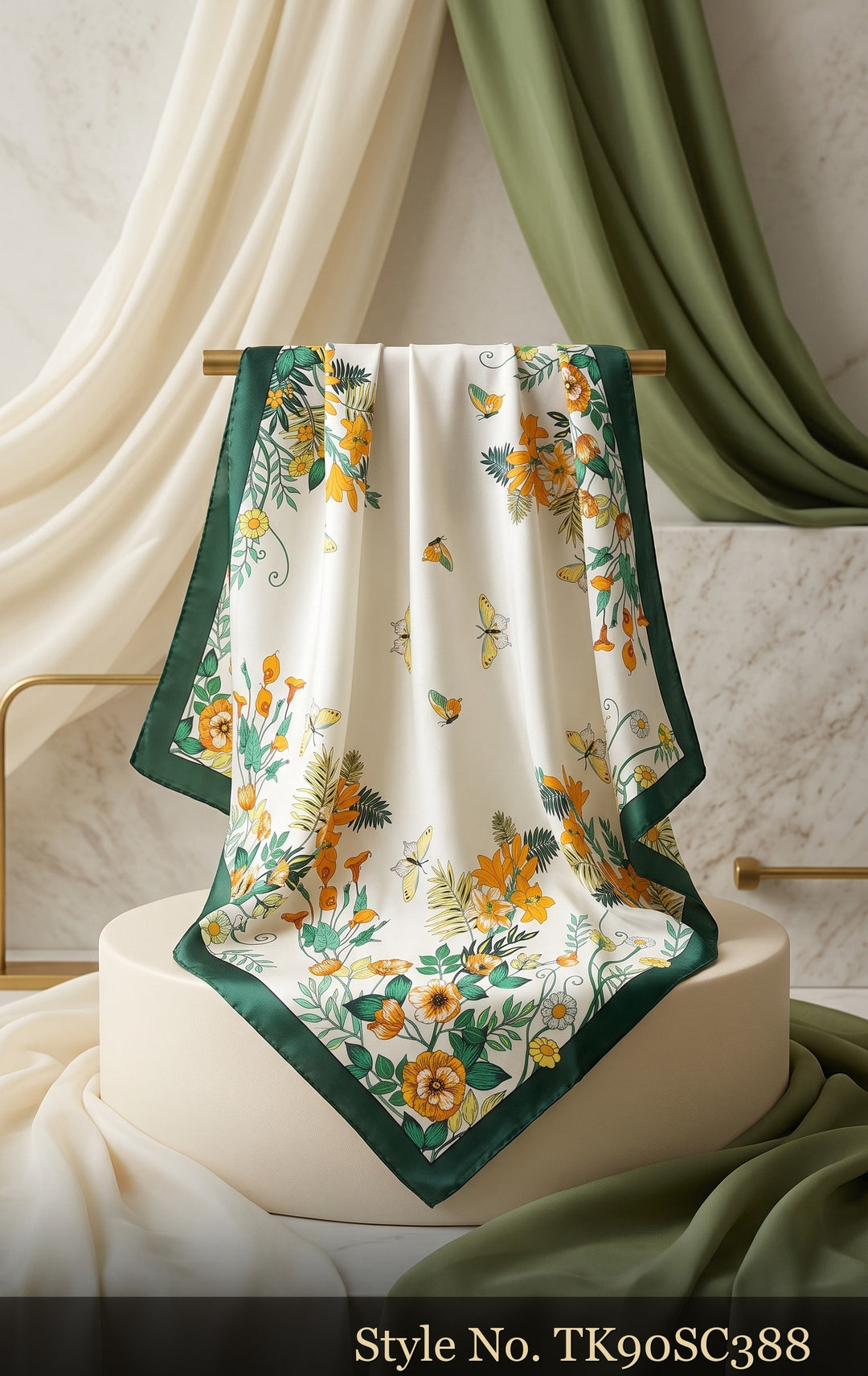 Ivory Scarf with Green and Yellow Floral Branches – TK90SC388