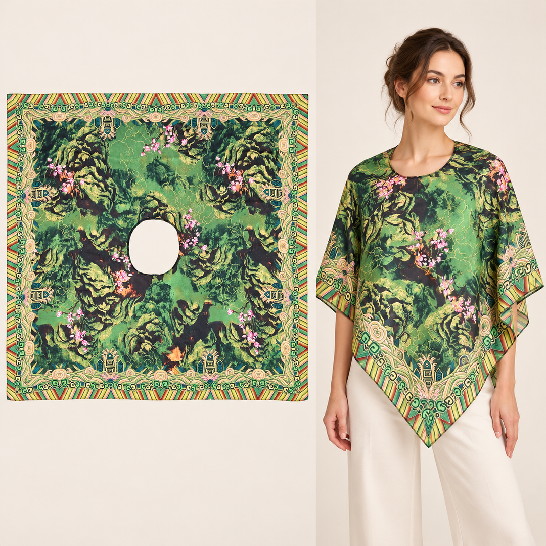 Green Scarf with Colorful Garden Motifs and Ornate Border – TK90SC395