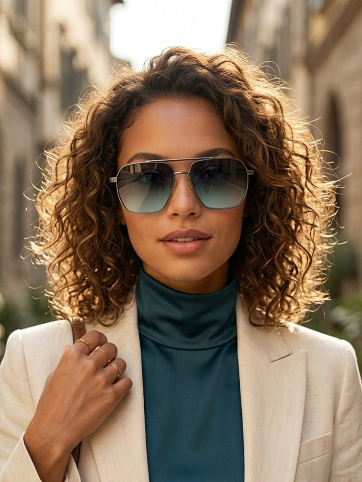 Gunmetal and Green Gradient Geometric Square Navigator Sunglasses