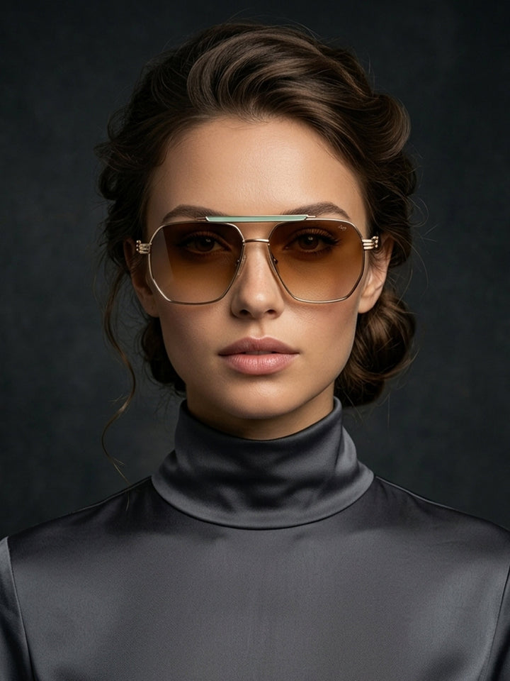 Gold and Amber Brown Geometric Square Navigator Sunglasses