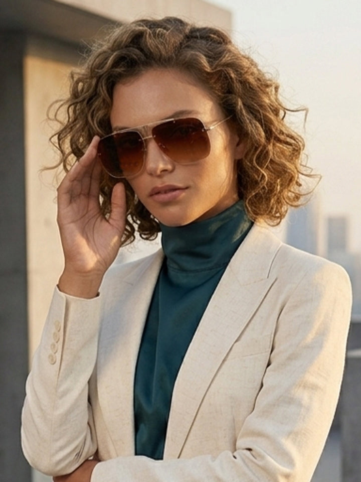 Gold and Brown Gradient Oversized Rimless Shield Sunglasses with Top Bar