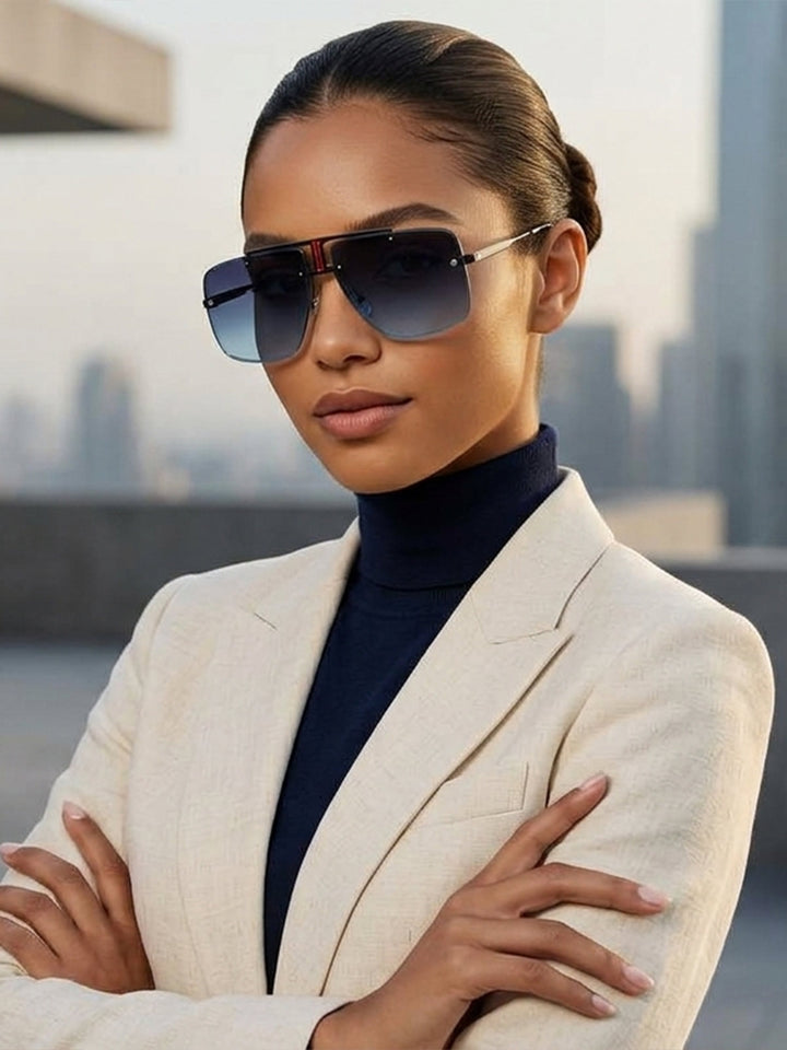 Matte Black and Blue Gradient Oversized Rimless Shield Sunglasses with Red Inset Accent
