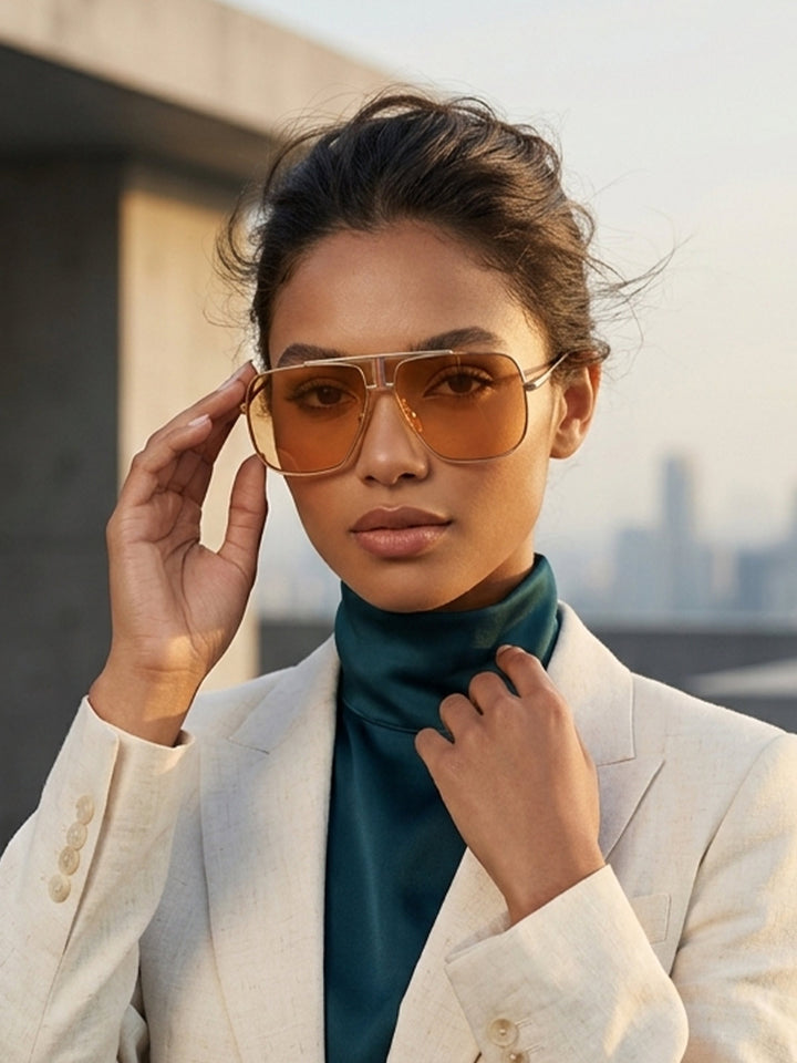 Gold and Warm Peach Orange Geometric Square Navigator Sunglasses