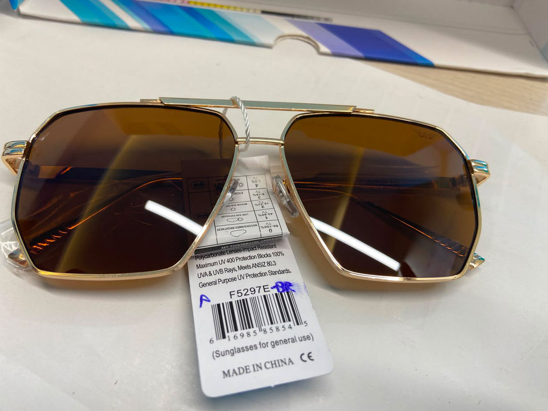 Gold and Amber Brown Geometric Square Navigator Sunglasses