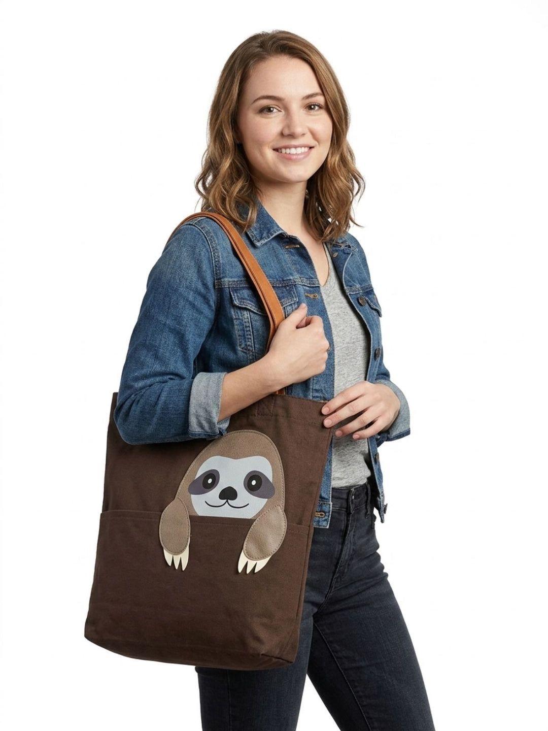 Brown Canvas Sloth Tote Bag