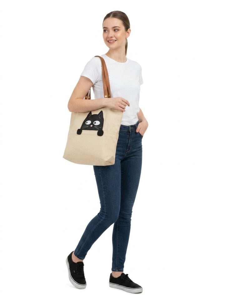 Canvas Tote Bag with Black Cat Design
