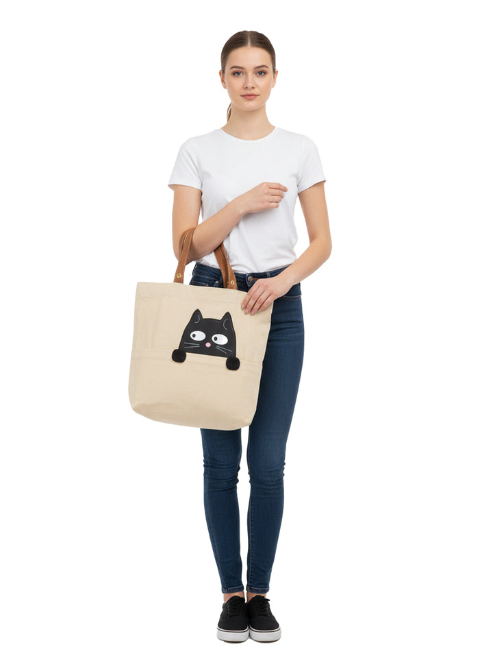 Canvas Tote Bag with Black Cat Design